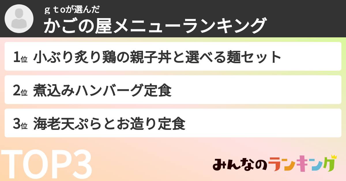ｇｔoさんの「かごの屋メニューランキング」