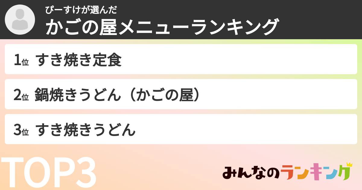 ぴーすけさんの「かごの屋メニューランキング」