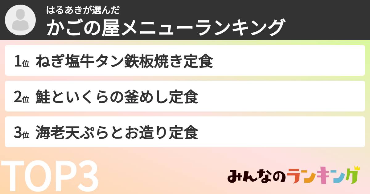 はるあきさんの「かごの屋メニューランキング」