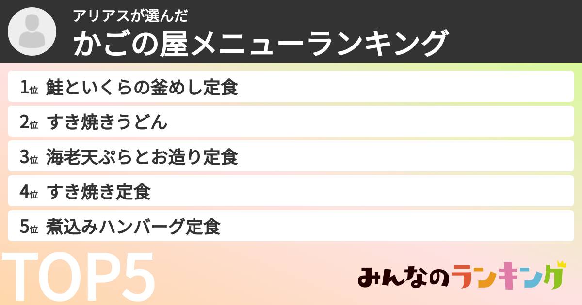 アリアスさんの「かごの屋メニューランキング」