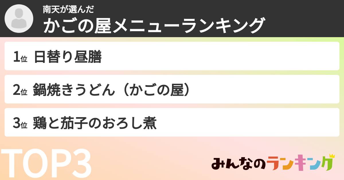 南天さんの「かごの屋メニューランキング」