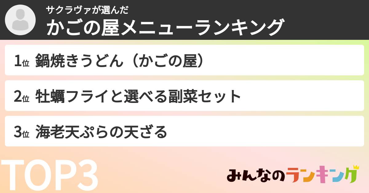 サクラヴァさんの「かごの屋メニューランキング」
