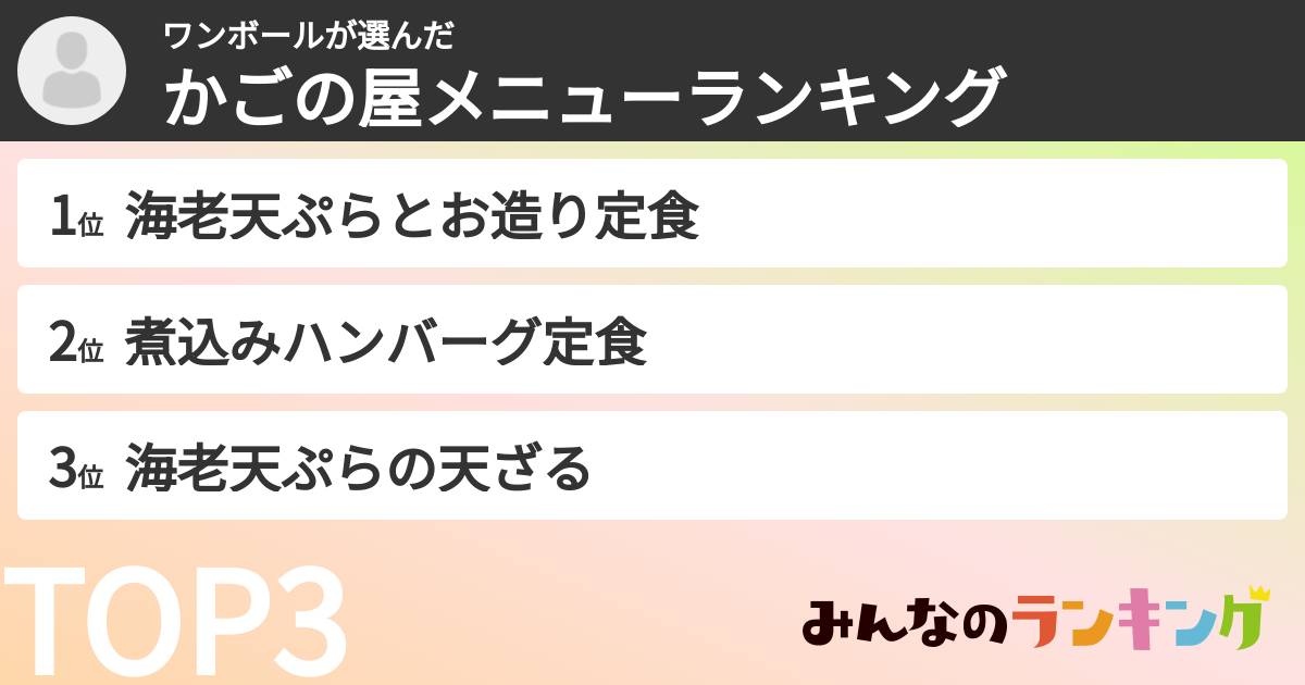 ワンボールさんの「かごの屋メニューランキング」