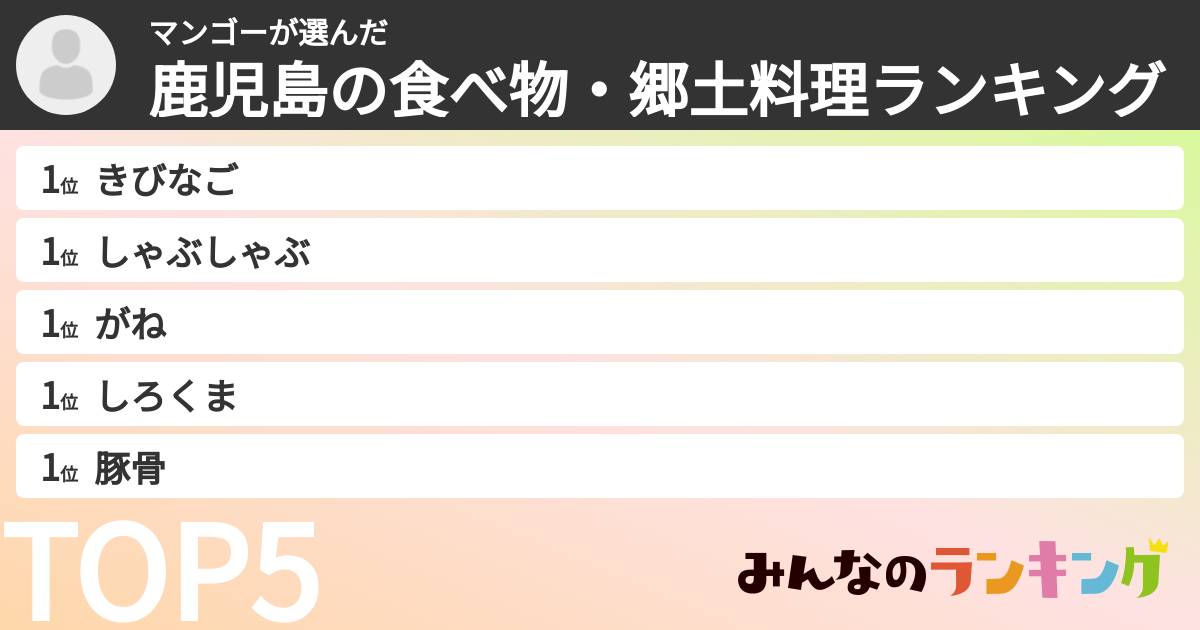 マンゴーさんの「鹿児島の食べ物・郷土料理ランキング」