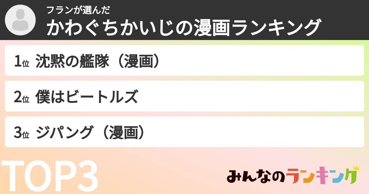 フランさんの「かわぐちかいじの漫画ランキング」