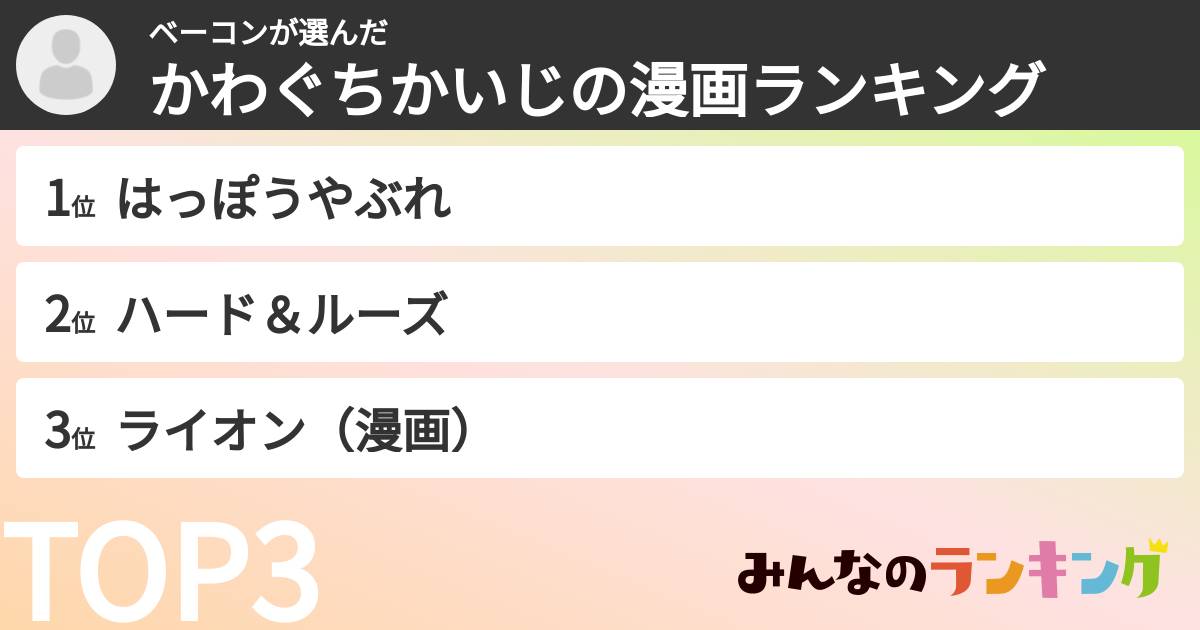 ベーコンさんの「かわぐちかいじの漫画ランキング」