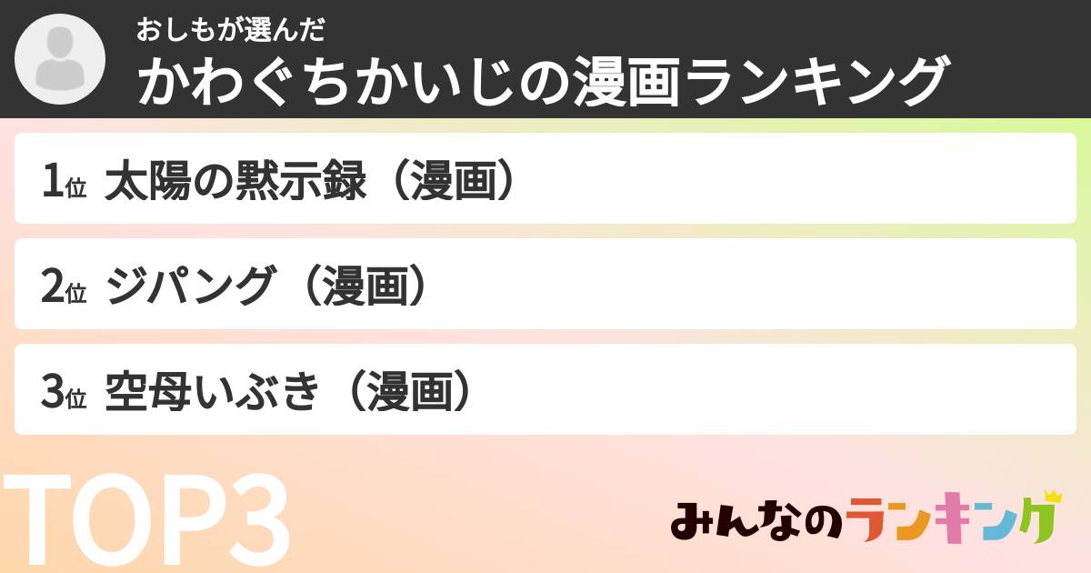 おしもさんの「かわぐちかいじの漫画ランキング」