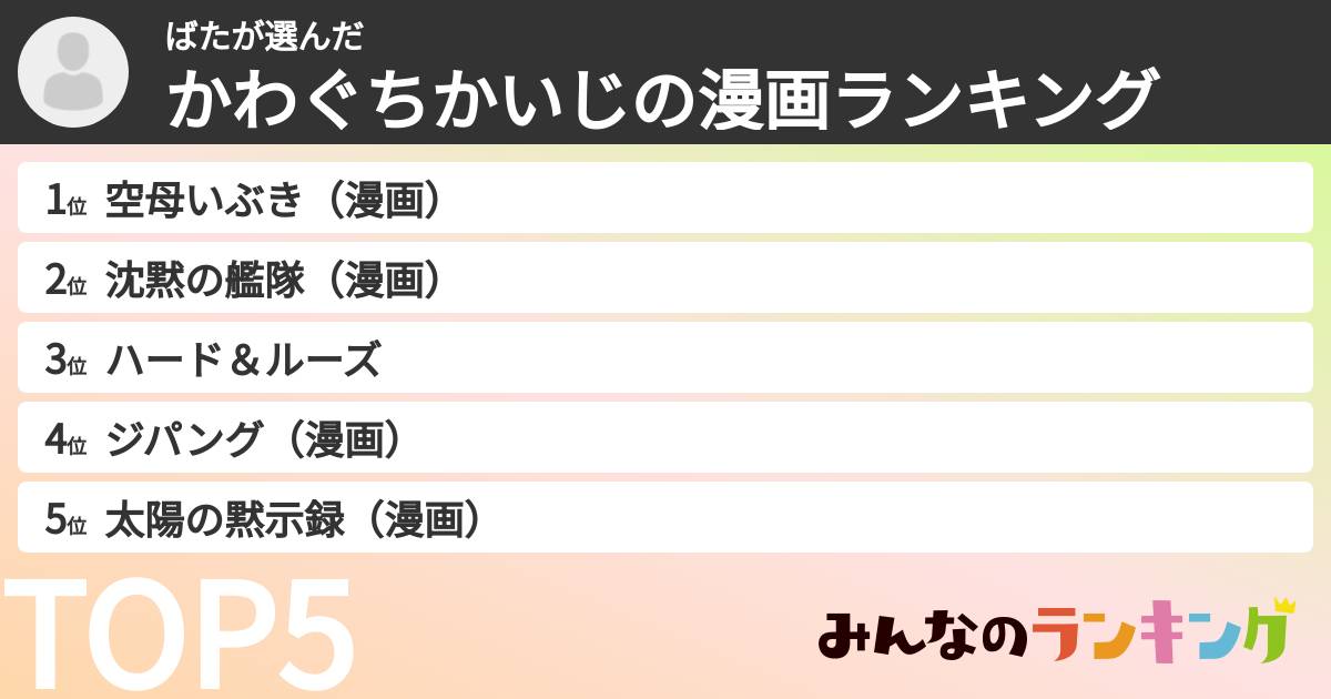 ばたさんの「かわぐちかいじの漫画ランキング」