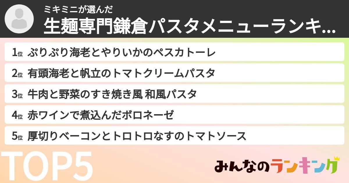 ミキミニさんの「生麺専門鎌倉パスタメニューランキング」