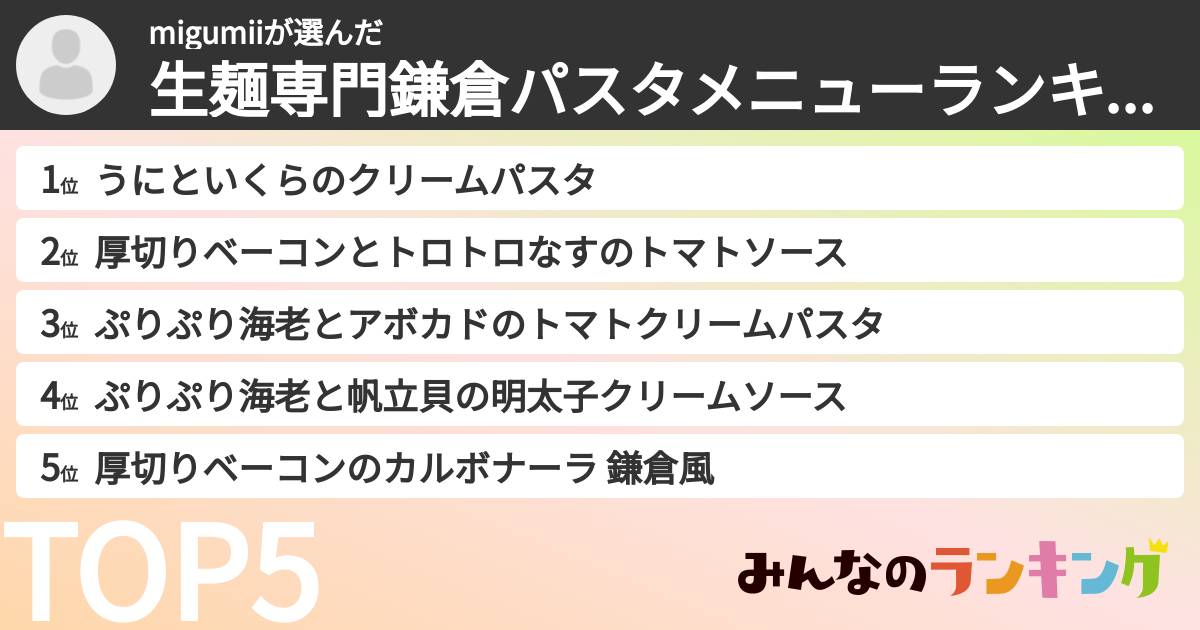 migumiiさんの「生麺専門鎌倉パスタメニューランキング」