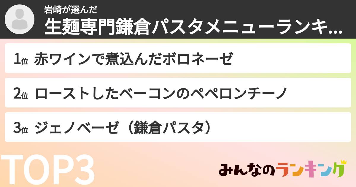 岩崎さんの「生麺専門鎌倉パスタメニューランキング」