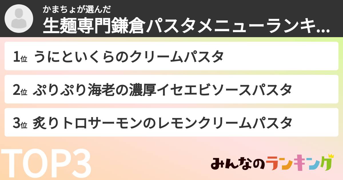 かまちょさんの「生麺専門鎌倉パスタメニューランキング」