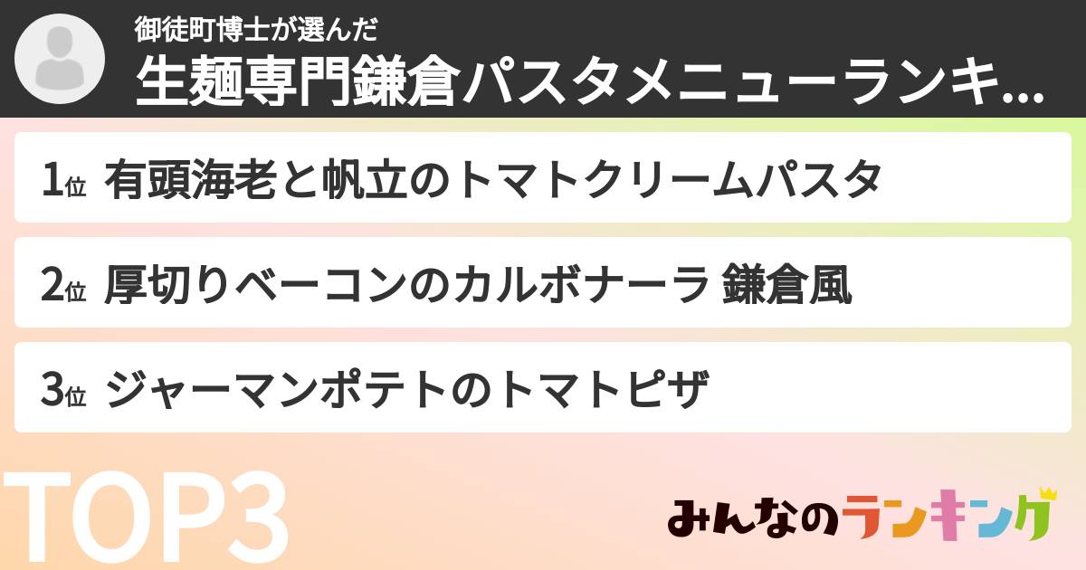 御徒町博士さんの「生麺専門鎌倉パスタメニューランキング」