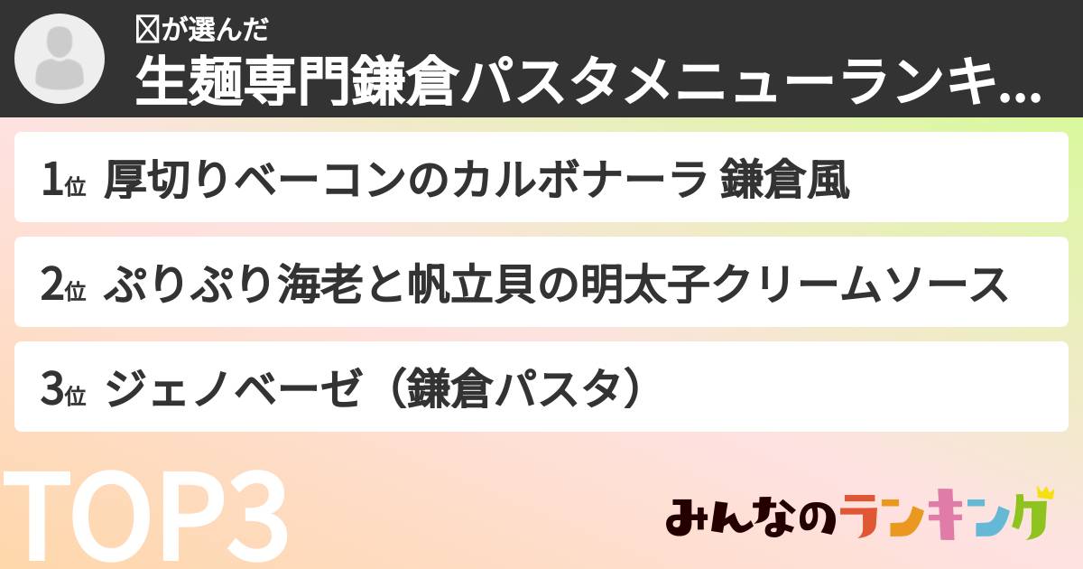 ☺さんの「生麺専門鎌倉パスタメニューランキング」