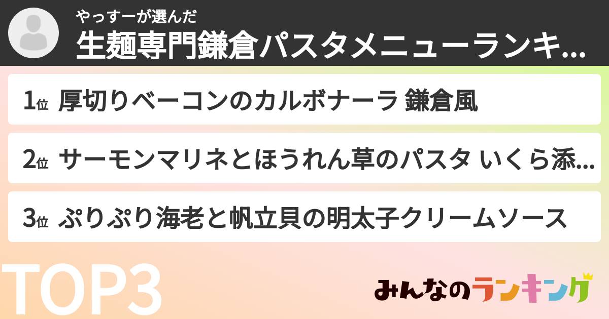 やっすーさんの「生麺専門鎌倉パスタメニューランキング」