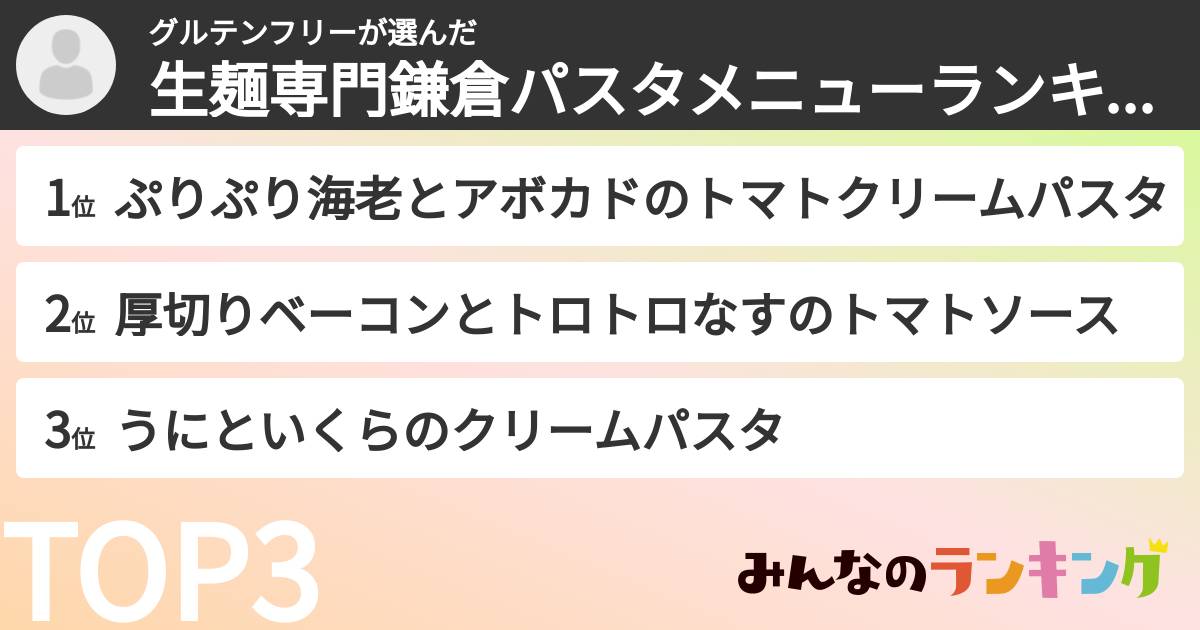 グルテンフリーさんの「生麺専門鎌倉パスタメニューランキング」