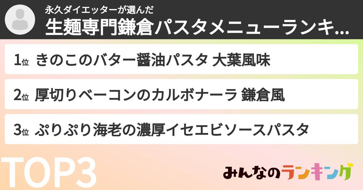 永久ダイエッターさんの「生麺専門鎌倉パスタメニューランキング」