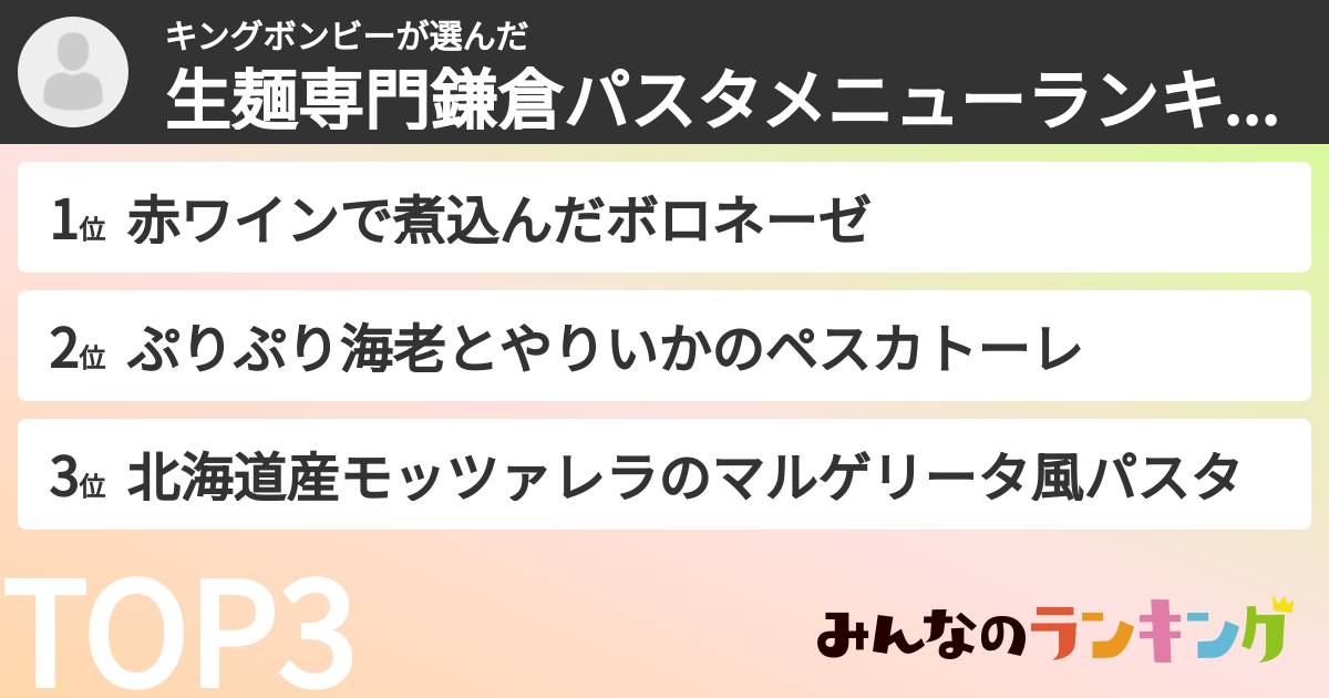 キングボンビーさんの「生麺専門鎌倉パスタメニューランキング」