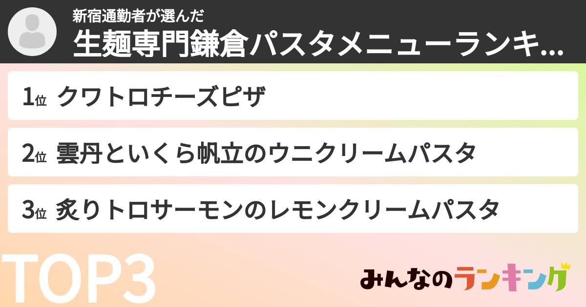 新宿通勤者さんの「生麺専門鎌倉パスタメニューランキング」
