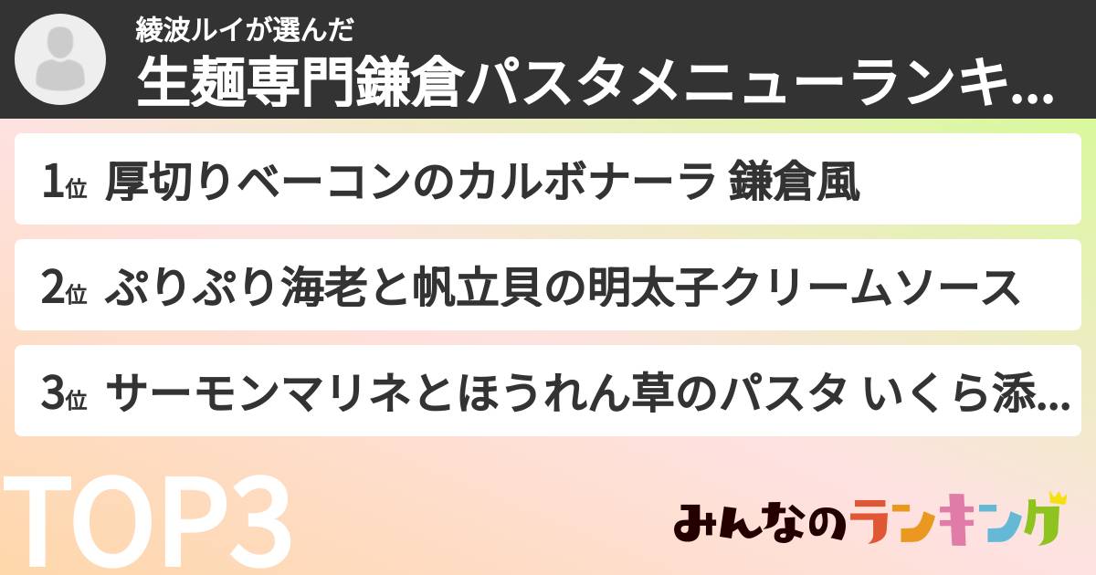綾波ルイさんの「生麺専門鎌倉パスタメニューランキング」