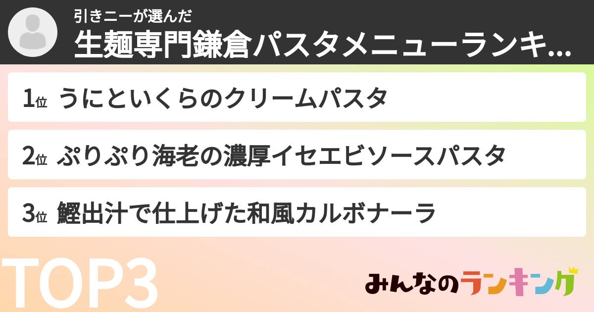 引きニーさんの「生麺専門鎌倉パスタメニューランキング」