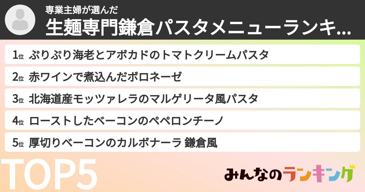 専業主婦さんの「生麺専門鎌倉パスタメニューランキング」