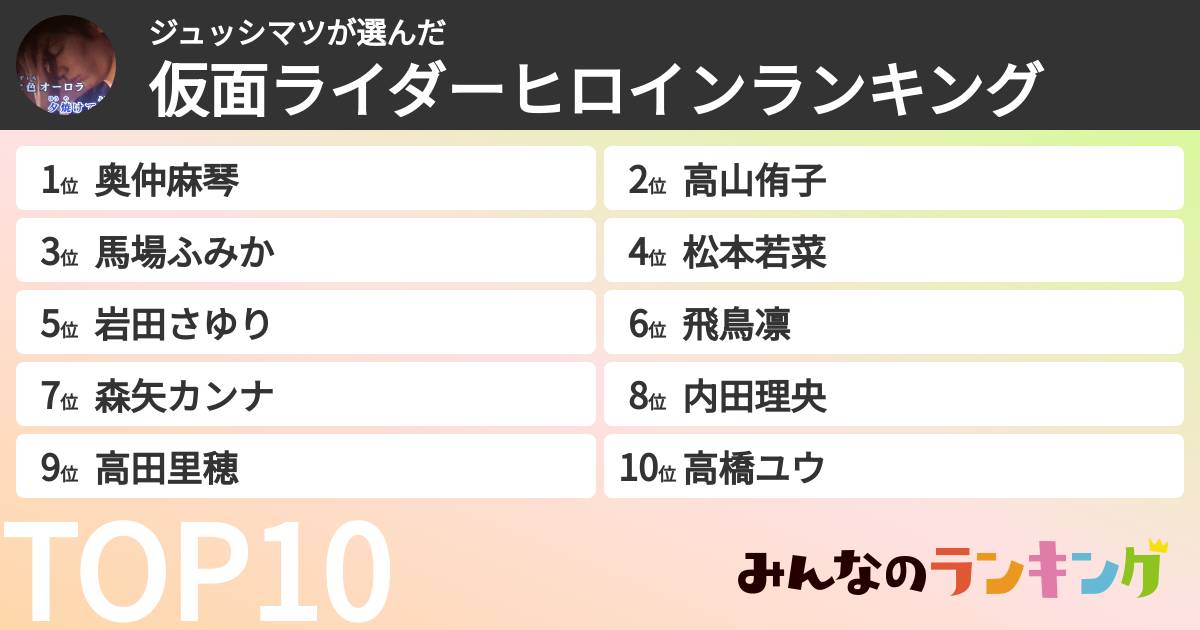 ジュッシマツさんの「仮面ライダーヒロインランキング」