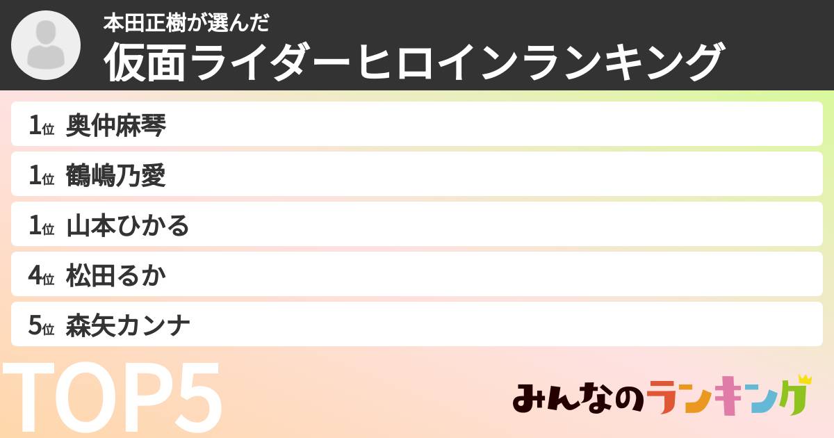 本田正樹さんの「仮面ライダーヒロインランキング」