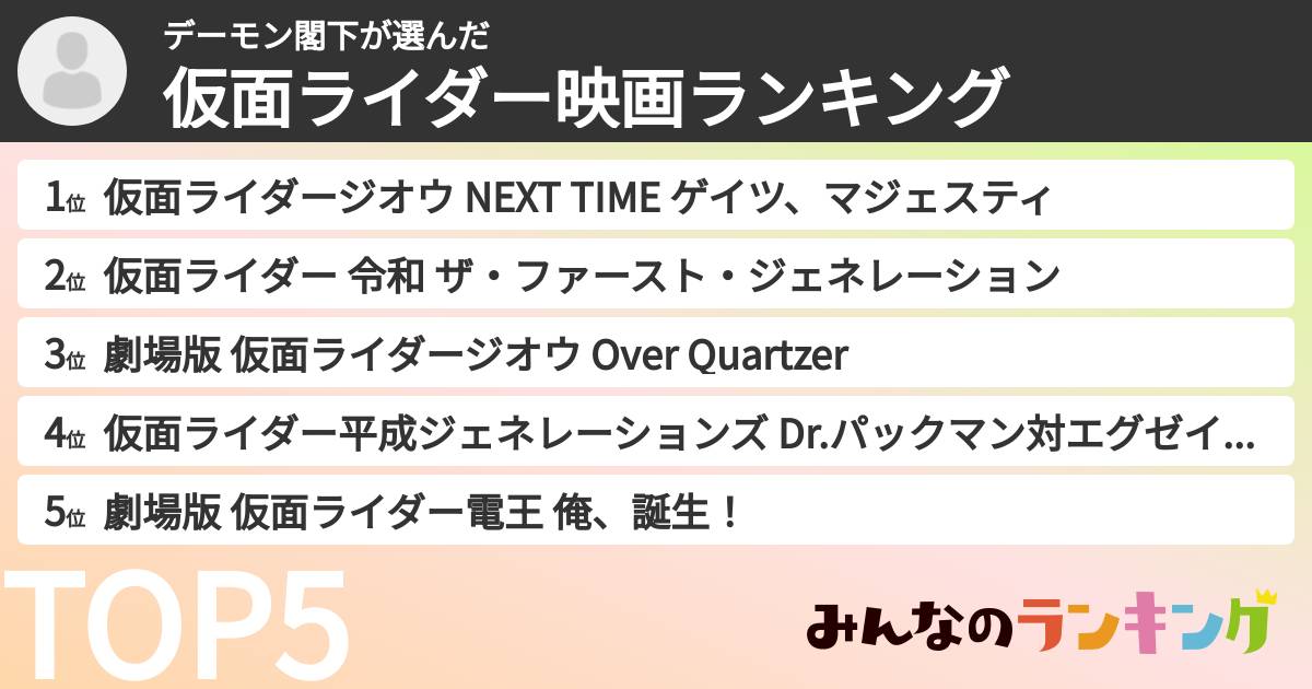 デーモン閣下さんの「仮面ライダー映画ランキング」