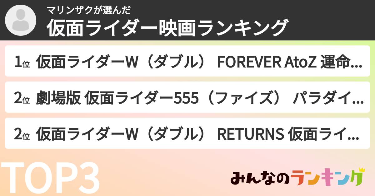 マリンザクさんの「仮面ライダー映画ランキング」