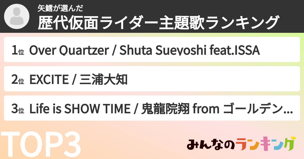矢鱈さんの「歴代仮面ライダー主題歌ランキング」