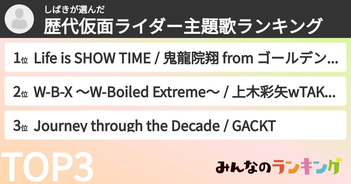 しばきさんの「歴代仮面ライダー主題歌ランキング」