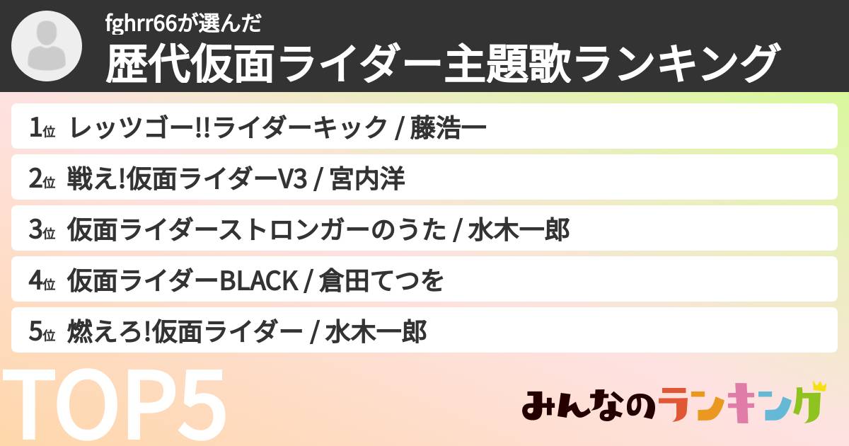 fghrr66さんの「歴代仮面ライダー主題歌ランキング」