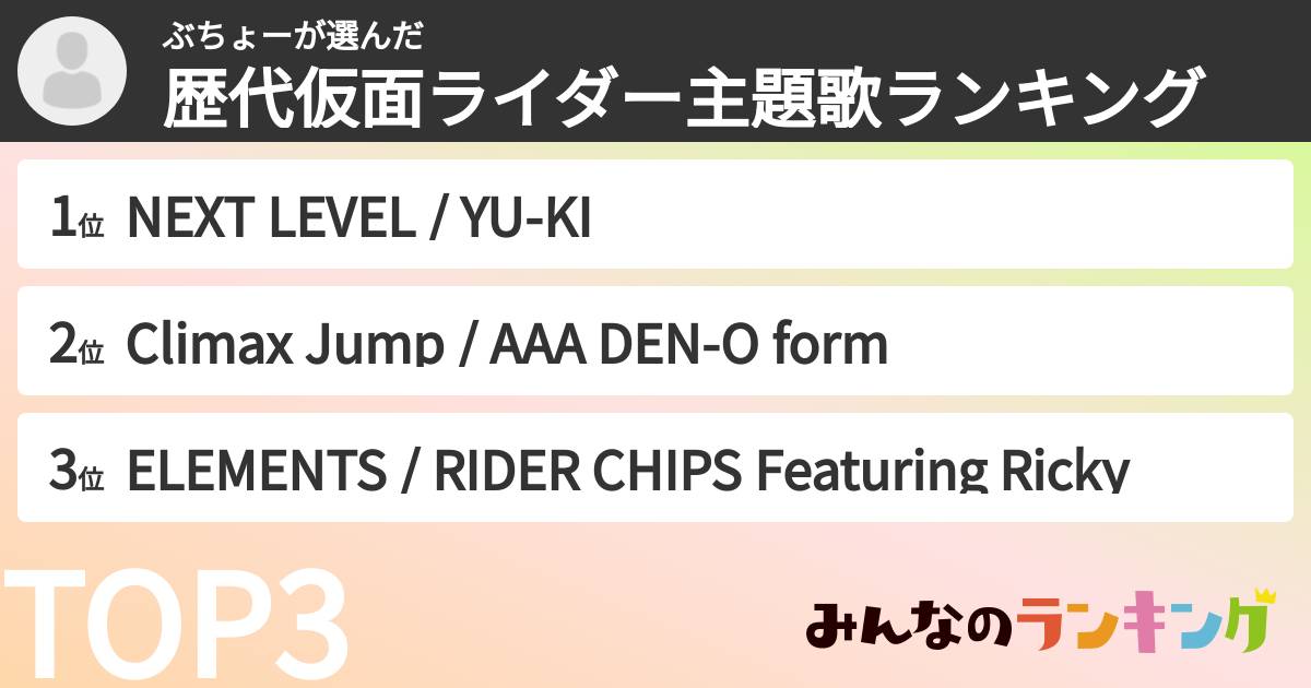 ぶちょーさんの「歴代仮面ライダー主題歌ランキング」
