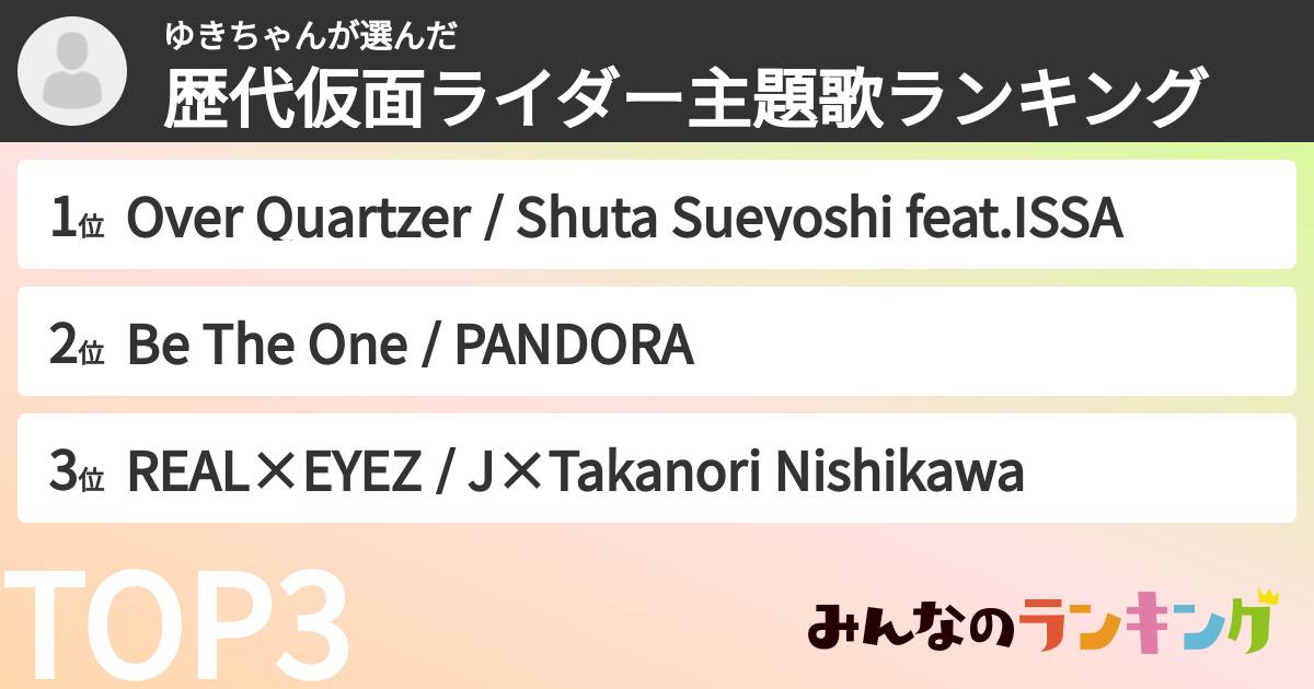 ゆきちゃんさんの「歴代仮面ライダー主題歌ランキング」