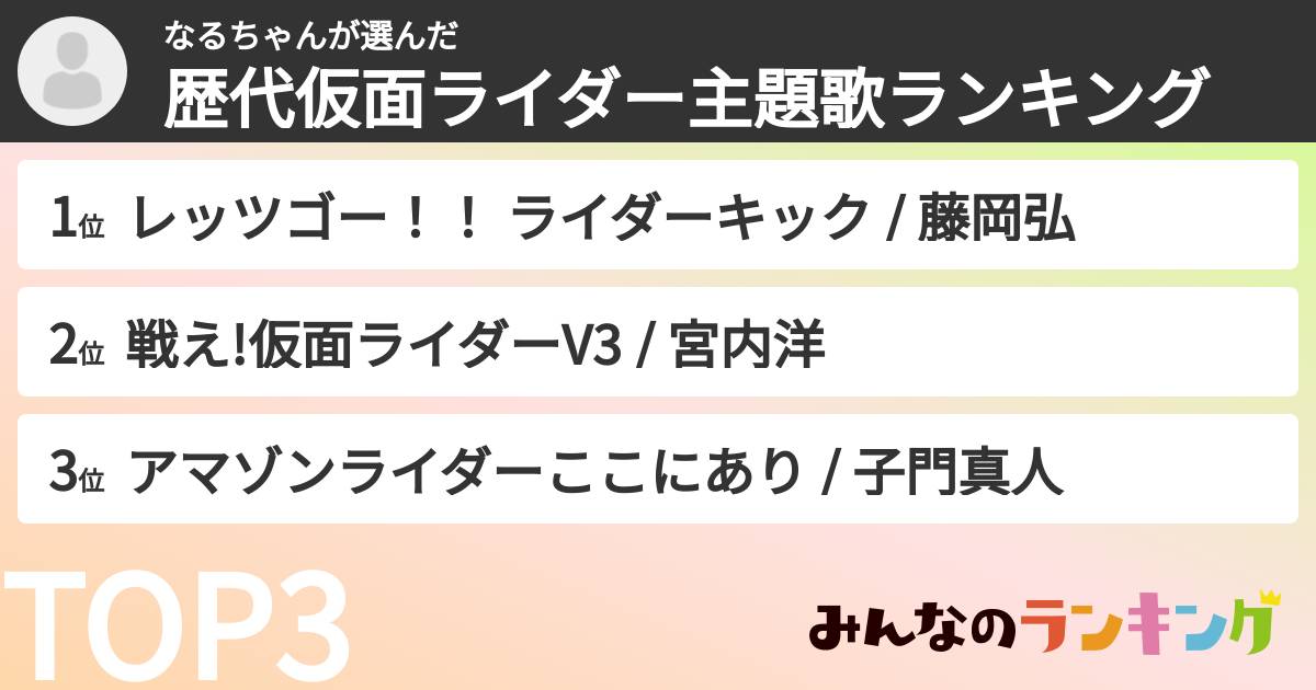 なるちゃんさんの「歴代仮面ライダー主題歌ランキング」