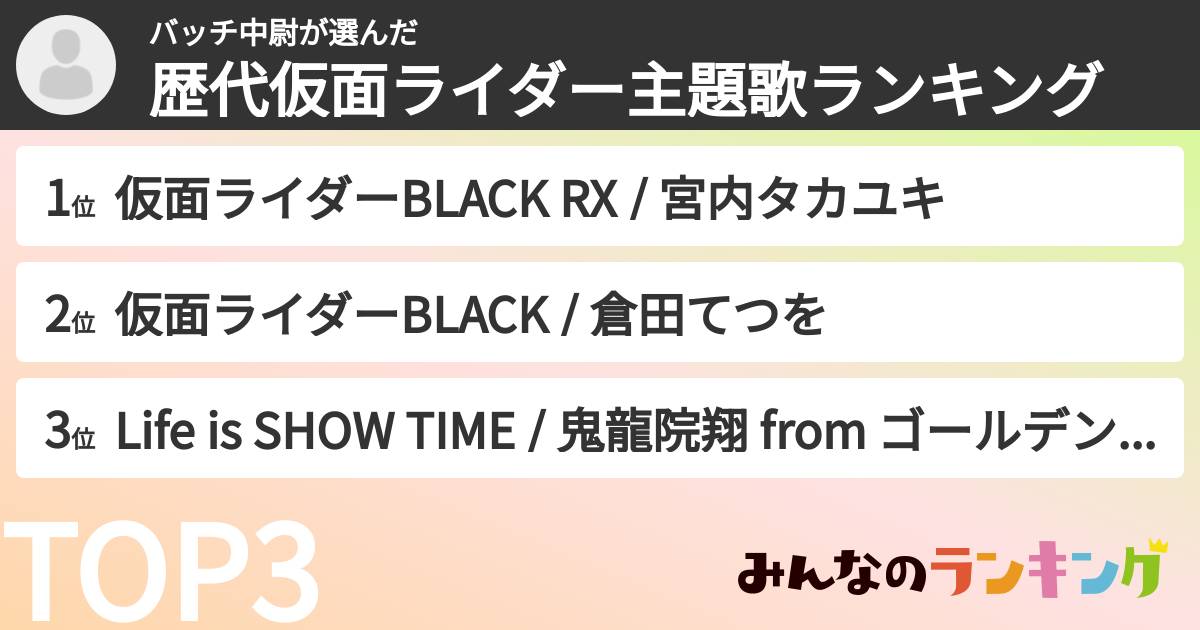 バッチ中尉さんの「歴代仮面ライダー主題歌ランキング」