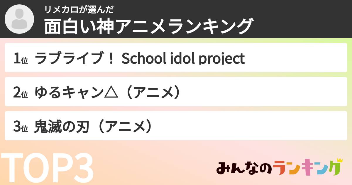 リメカロさんの「面白い神アニメランキング」