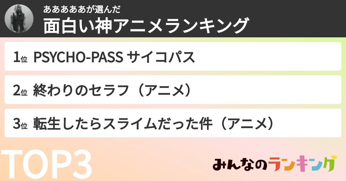 あああああさんの「面白い神アニメランキング」
