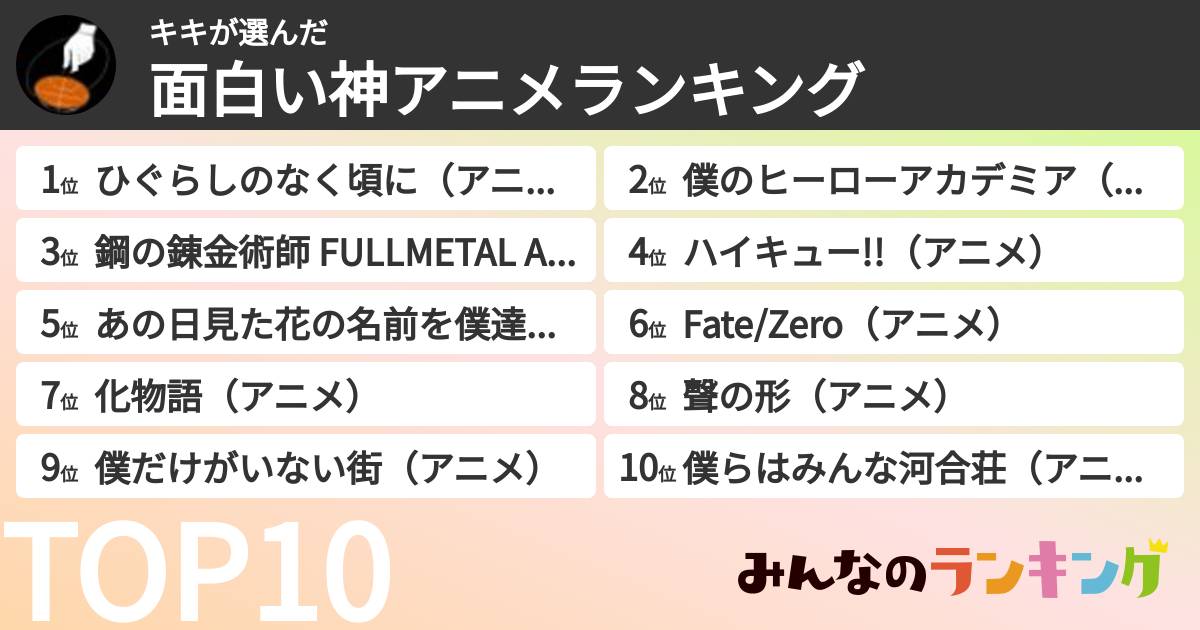 キキさんの「面白い神アニメランキング」