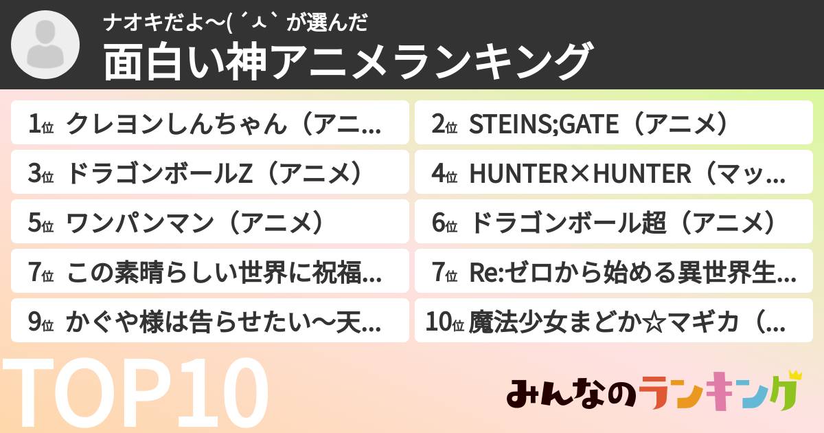 ナオキだよ〜( ´ㅅ` さんの「面白い神アニメランキング」