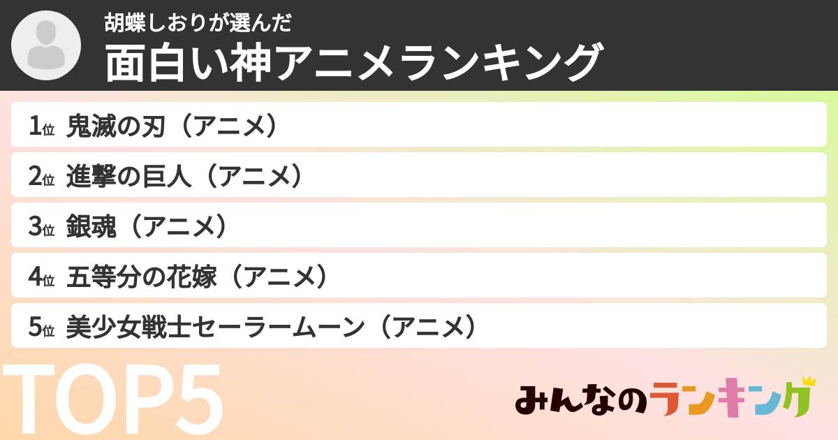 胡蝶しおりさんの「面白い神アニメランキング」