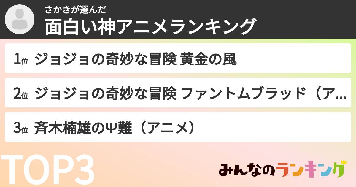 さかきさんの「面白い神アニメランキング」