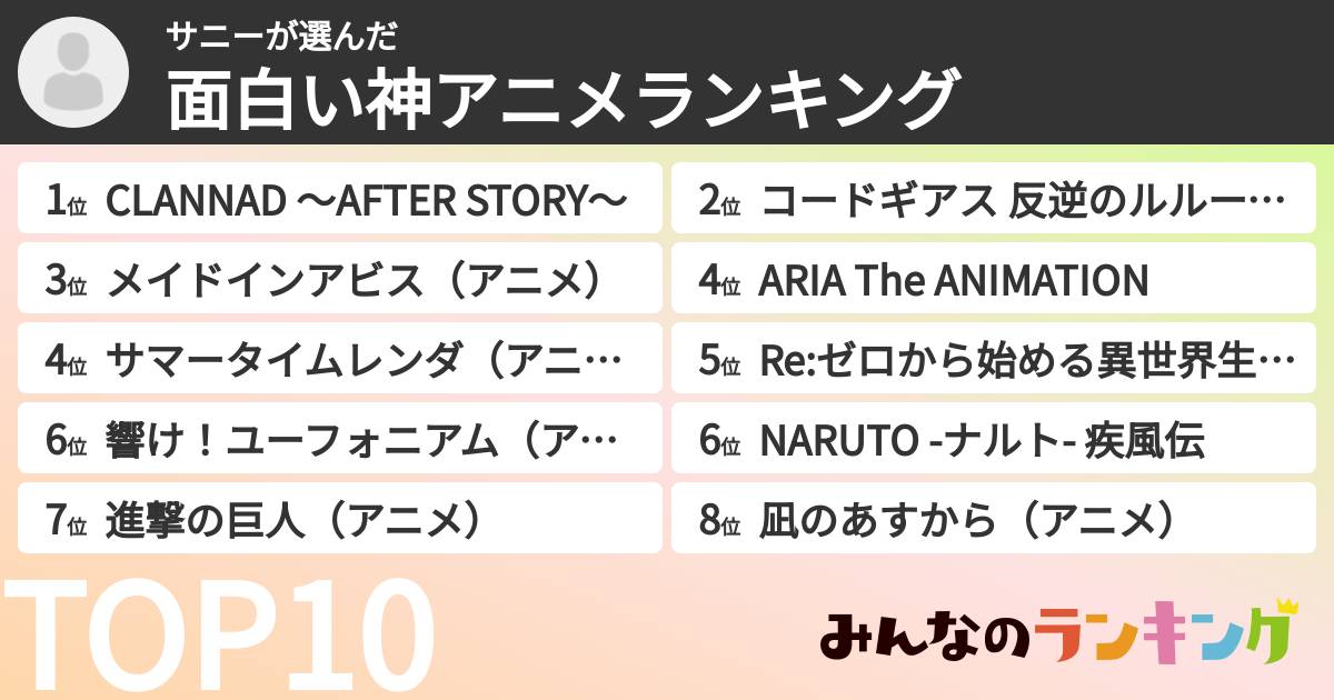 サニーさんの「面白い神アニメランキング」