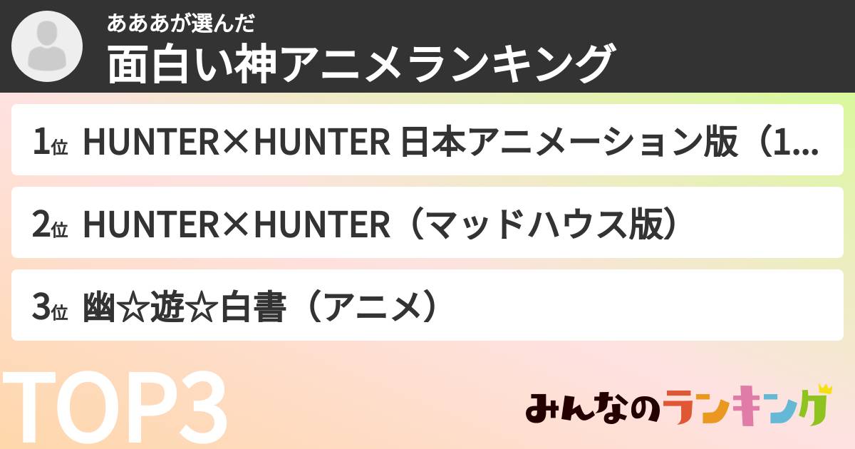 あああさんの「面白い神アニメランキング」