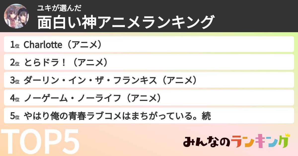 ユキさんの「面白い神アニメランキング」