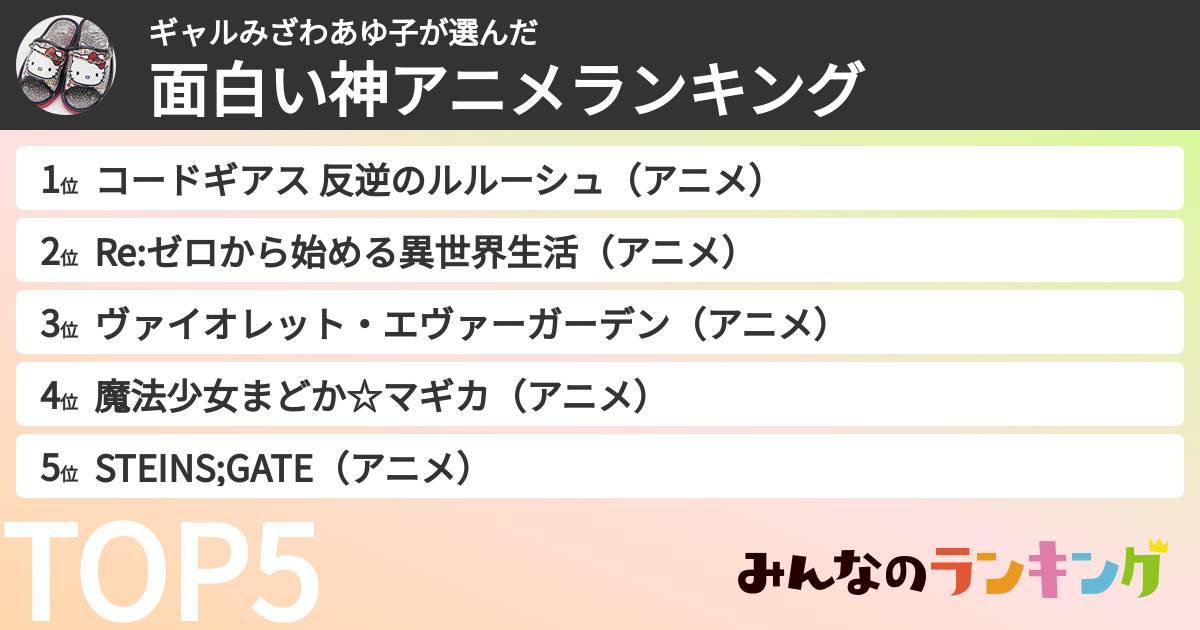 ギャルみざわあゆ子さんの「面白い神アニメランキング」