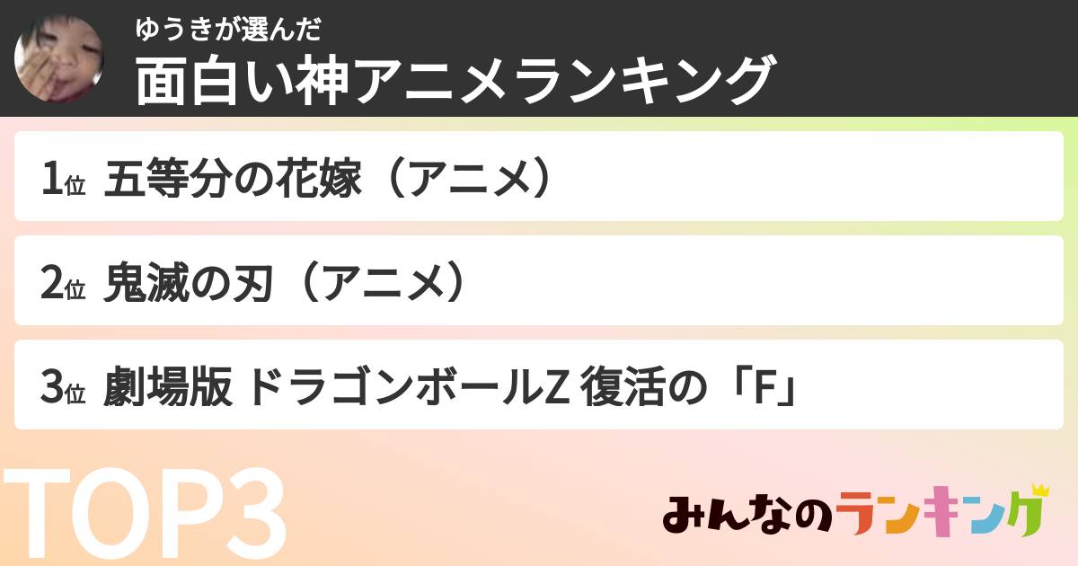 ゆうきさんの「面白い神アニメランキング」
