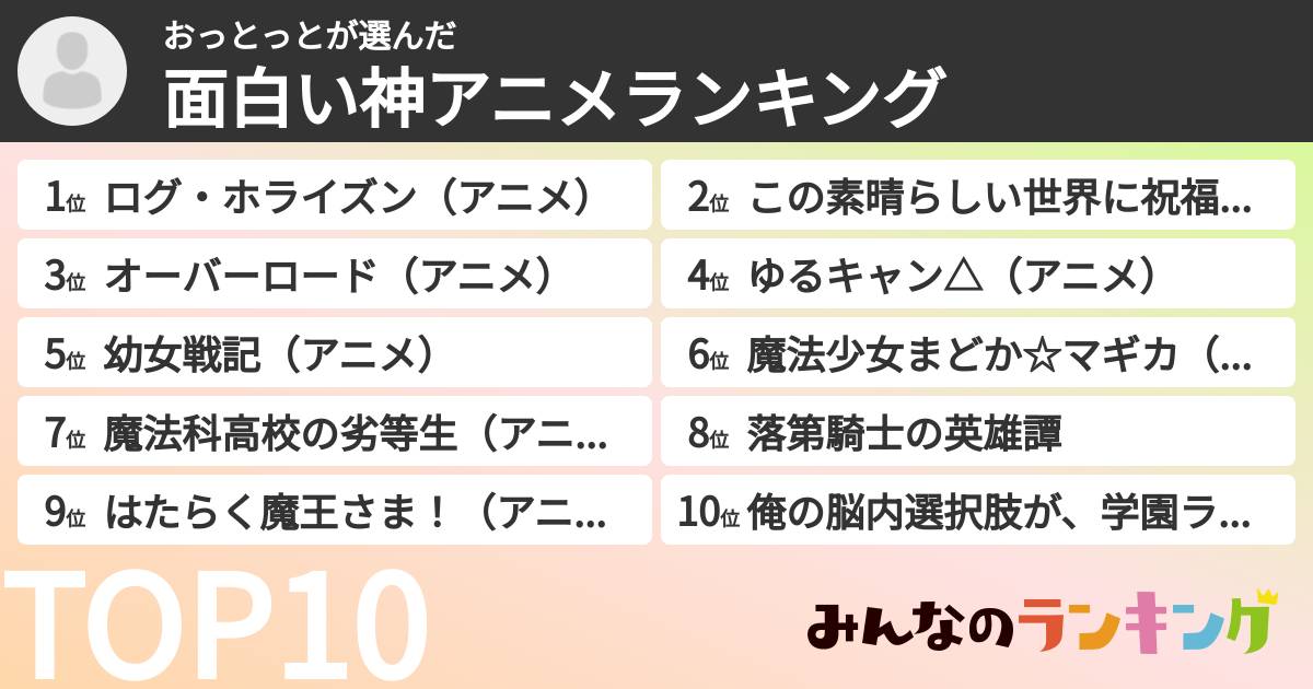 おっとっとさんの「面白い神アニメランキング」