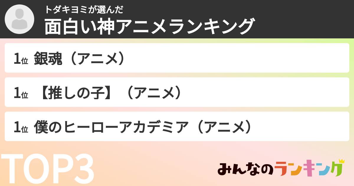 トダキヨミさんの「面白い神アニメランキング」